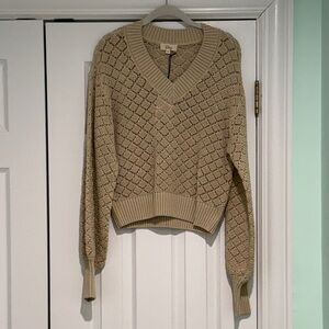 Elan Textured Tan V-Neck Crochet Sweater